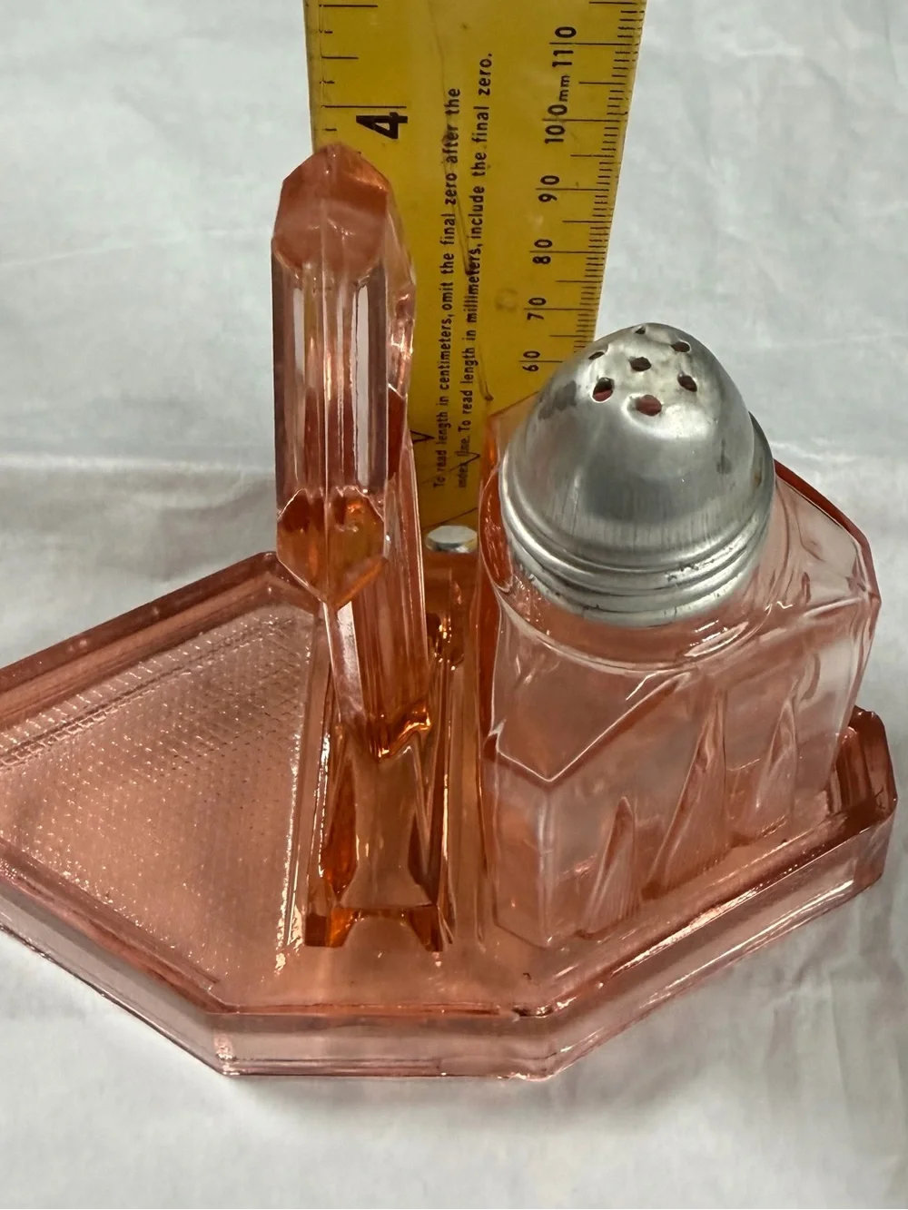 Vintage Pink Depression Glass Condiment Caddy Stand & Single Shaker Art Deco